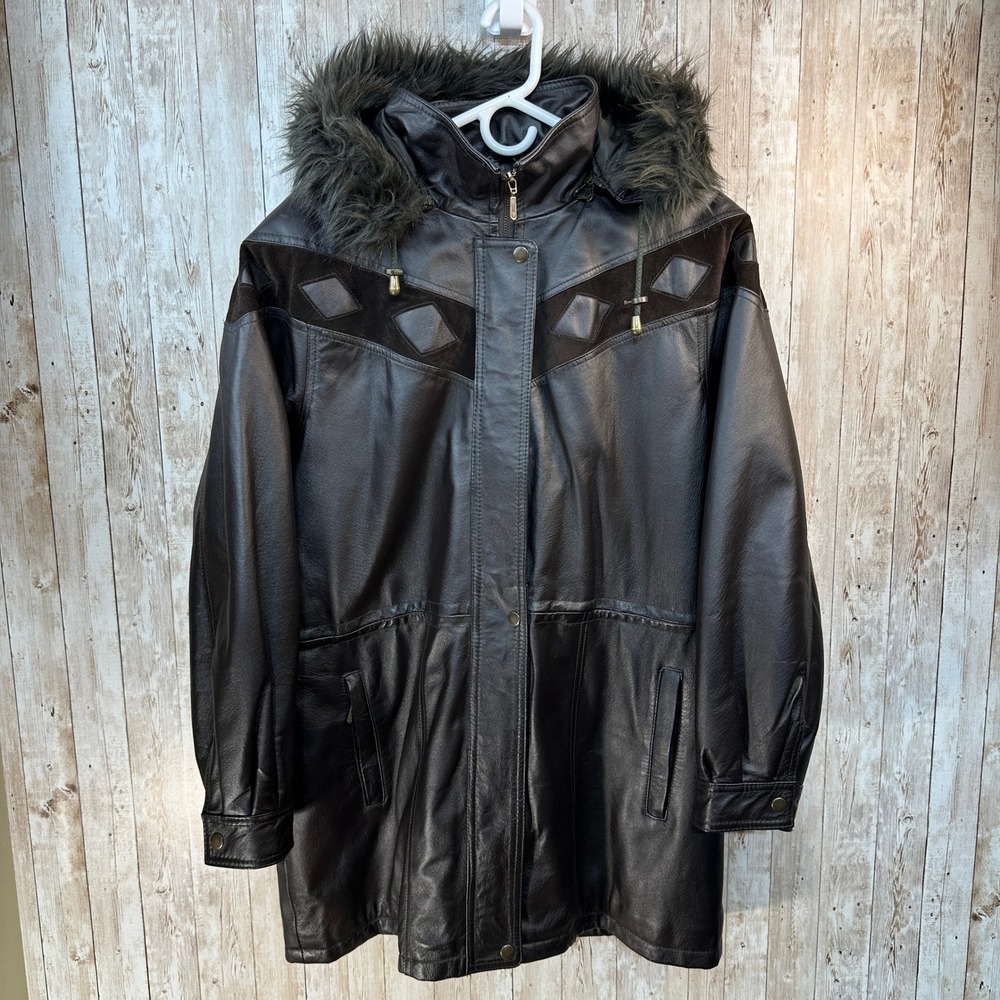 Liz Phillips Collection Vintage Leather Coat Fur Trim Hooded Jacket Womens Large